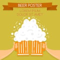 Two hands holding beer glasses, beer glasses foam. Concept for the beer festival, Oktoberfest, etc. Vector illustration. Royalty Free Stock Photo