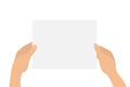 Two hands holding a blank paper page poster or placard. Frame for your text message. Colored vector flat illustration