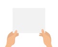 Two hands holding a blank paper page poster or placard. Frame for your text message. Colored vector flat illustration
