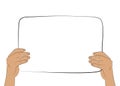 Two hands holding a blank paper page poster or placard. Frame for your text message. Colored vector flat illustration