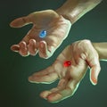 Two hands are holding blue and red tablets on the palms of their hands