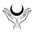 Two hands holding a crescent moon, hand drawing in oriental style, boho sticker, vintage logo. Linear icon for astrology