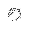 Two hands holding each other strongly line icon