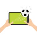 Two hands holding genering tablet PC gadget. Male female teen hand and Tab with blank screen. Soccer ball flying from touch screen