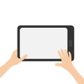Two hands holding genering tablet PC gadget. Searching concept. Male female teen hand and black Tab with blank screen. Empty space