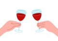 Two hands are holding glasses with red wine. Alcoholic drink for dinner, holiday. Vector illustration on white background Royalty Free Stock Photo