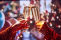 Two hands holding glasses with sparkle wine, champagne at formal event, made toasts and cheers are shared. Blurred Royalty Free Stock Photo