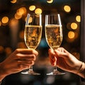 two hands holding glasses of sparkling wine for toasts Royalty Free Stock Photo