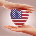 Two hands holding heart with flag of USA. Concept of love, freedom, independence and America country support. 3D Royalty Free Stock Photo