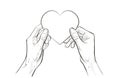 Two hands holding heart. Health care, help, charity, donate love and family concept. Vector sketch line illustration