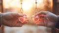 Two hands holding two hearts with chains, AI Royalty Free Stock Photo