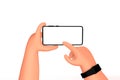 Two Hands holding horizontal orientation smartphone mockup with blank white screen.