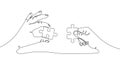 Two hands holding jigsaw puzzle pieces to put them together, drawn with one continuous line Royalty Free Stock Photo