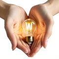 Two hands holding a lighted lightbulb