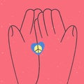Two hands holding Love Heart Peace Sign.Huge arms with blue yellow love peace sign.flat vector illustration.
