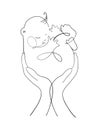 Two Hands holding a newborn baby, outline hand drawing. Illustration about motherhood and pregnancy, surrogacy, health