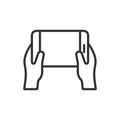 Two hands holding phone, icon in line design. Hands, phone, holding, smartphone, device, touch, mobile on white