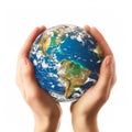 Two hands holding a photorealistic globe of planet Earth, global responsibility