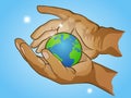 Two hands holding planet Earth, cherish the globe, illustration