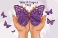 Two hands holding a purple butterfly representing the World Lupus Day..