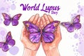 Two hands holding a purple butterfly representing the World Lupus Day..