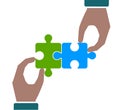 Two hands holding puzzle, concept for teamwork building a success together - vector