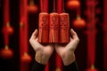 two hands holding red lanterns in front of red