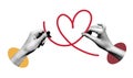 Two hands holding a red string in the shape of a heart. Conceptual vector collage with halftone designs isolated on a transparent Royalty Free Stock Photo