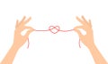 Two hands holding a red thread tied into a knot in the shape of a heart, isolated on a white background. Vector illustration Royalty Free Stock Photo