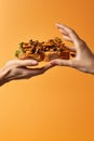Two hands holding a sandwich with roasted chanterelles, on orange background. Fried wild mushrooms. Generative AI