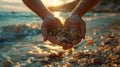 Two hands holding seashells at the beach during sunset. Royalty Free Stock Photo