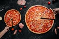 Two hands holding Slice of hot pizza large cheese lunch or dinner crust with bell pepper. italian fast food Royalty Free Stock Photo