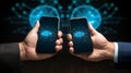 Two hands holding smartphones displaying digital brain graphics in a tech presentation setting Royalty Free Stock Photo