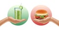 Two hands holding smoothie glass and hamburger. Choise. Opposition. Healthy lifestyle concept. Realistic illustration