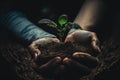 Two Hands holding the soil with a small seedling