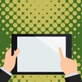 Two hands holding tablet with Critical Announcements. Important information on the screen. Blank space for text. Empty Royalty Free Stock Photo