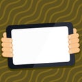 Two hands holding tablet with Critical Announcements. Important information on the screen. Blank space for text. Empty Royalty Free Stock Photo