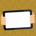 Two hands holding tablet with Critical Announcements. Important information on the screen. Blank space for text. Empty Royalty Free Stock Photo