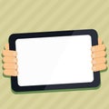 Two hands holding tablet with Critical Announcements. Important information on the screen. Blank space for text. Empty Royalty Free Stock Photo