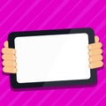 Two hands holding tablet with Critical Announcements. Important information on the screen. Blank space for text. Empty Royalty Free Stock Photo