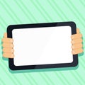 Two hands holding tablet with Critical Announcements. Important information on the screen. Blank space for text. Empty Royalty Free Stock Photo