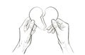 Two hands holding heart. Health care, help, charity, donate love and family concept. Vector sketch line illustration Royalty Free Stock Photo