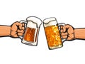 Two hands holding toasting beer mugs, Cheers. Vector illustration isolated on white background Royalty Free Stock Photo