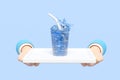 two hands holding white tray with glass, ice cubes, water splash, drinking straws, clear blue water scattered around isolated on