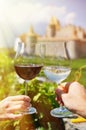 Two hands holding wineglasses Royalty Free Stock Photo