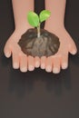 Two Hands holding young plants on the soil. Plant in hand on black background. Plant sapling on hand font view. Copy space for Royalty Free Stock Photo