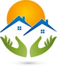 Two hands and houses, roofs, real estate and real estate agent logo