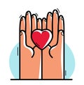 Two hands and human heart protecting and showing care vector flat style illustration isolated on white, cherish and defense for Royalty Free Stock Photo