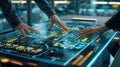 Two hands interact with a glowing digital interface table, navigating through data and information