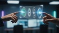Two hands interacting with a futuristic holographic interface displaying approval and confirmation buttons Royalty Free Stock Photo